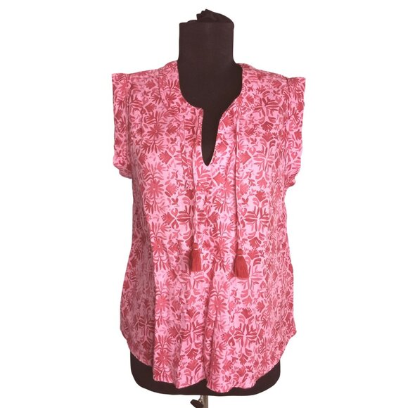 Vineyard Vines Size S Blouse Tunic Linen Tile Otami Tassel Pink Floral Hi Low - Picture 1 of 10